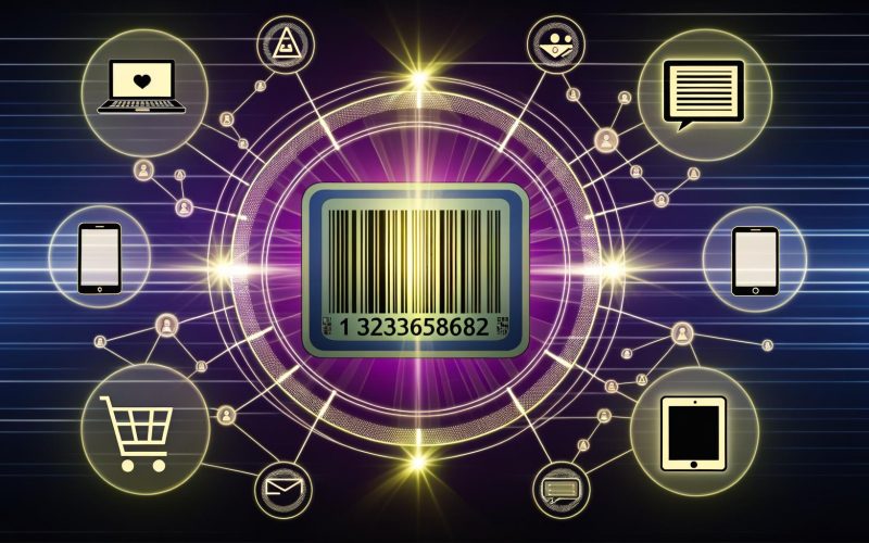 Digitale Illustration einer schwebenden, leuchtenden Kunden-ID über einem Barcode, umgeben von vernetzten Geräten und Datenströmen.