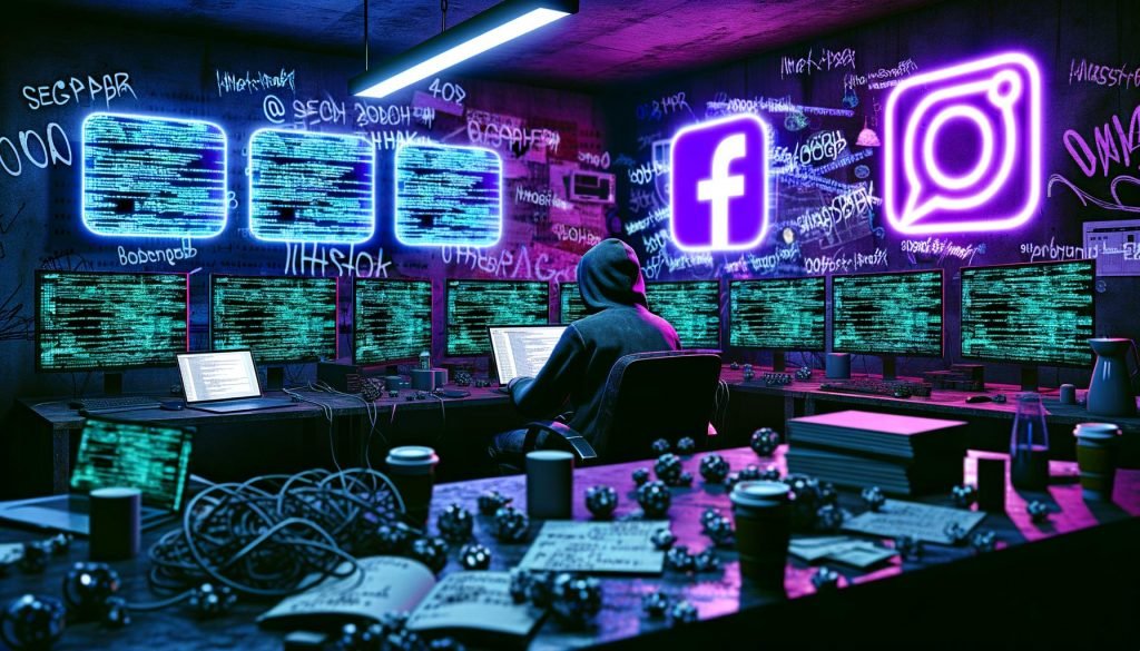Düsteres Büro mit Neonlicht, Person mit Hoodie vor Monitoren voller Code, holographische Social Media-Logos, Datenanalysen, Kabel und 404 Magazine-Graffiti.