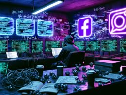Düsteres Büro mit Neonlicht, Person mit Hoodie vor Monitoren voller Code, holographische Social Media-Logos, Datenanalysen, Kabel und 404 Magazine-Graffiti.