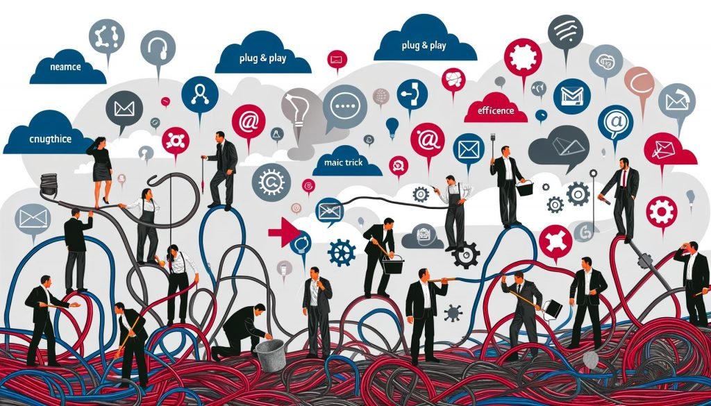 Minimalistische Illustration eines Marketing-Teams, das durch einen Dschungel aus Kabeln, Datenströmen und bunten Marketing-Symbolen geht, umgeben von Buzzwords und einer digitalen Landschaft.