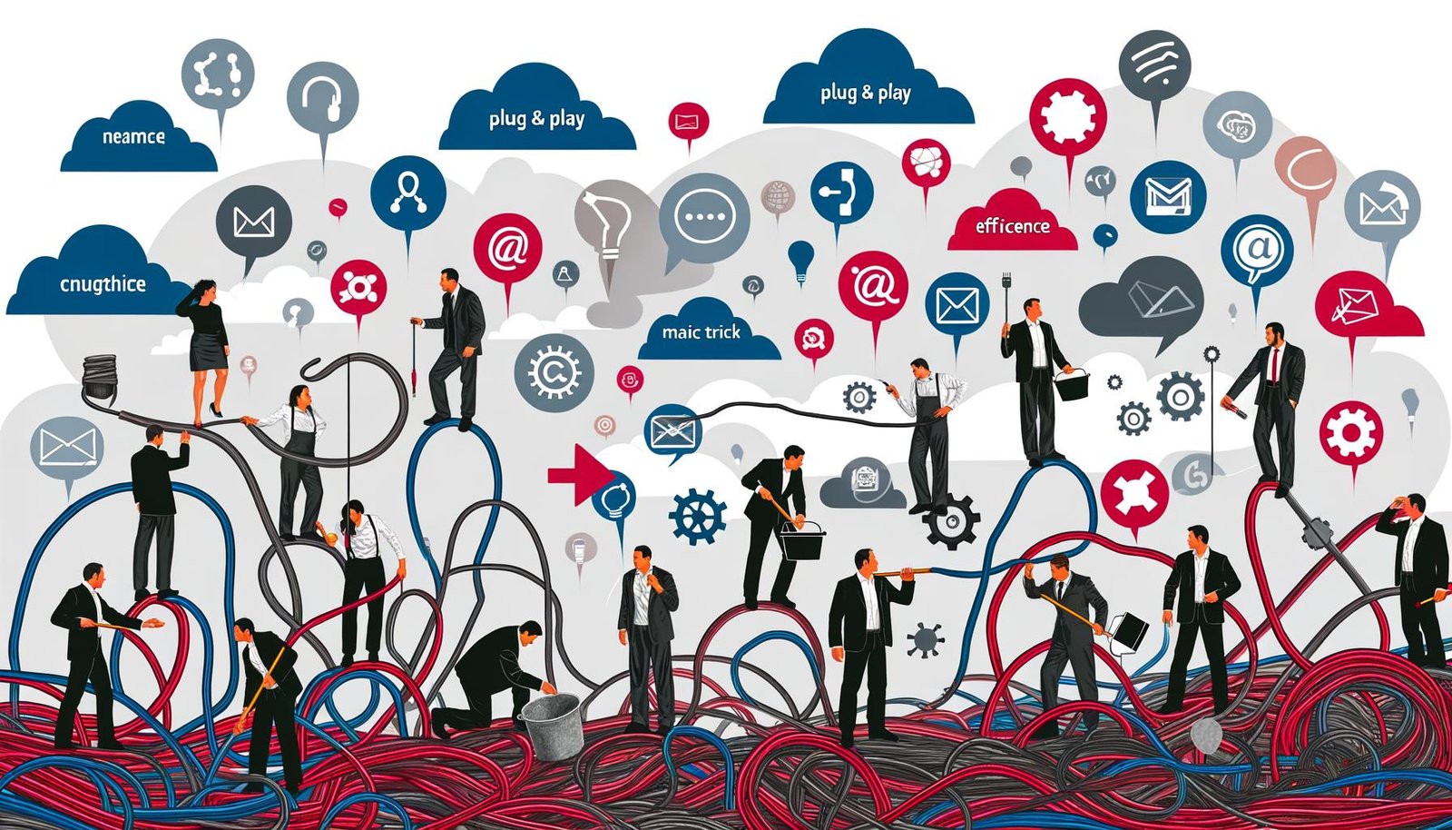 Minimalistische Illustration eines Marketing-Teams, das durch einen Dschungel aus Kabeln, Datenströmen und bunten Marketing-Symbolen geht, umgeben von Buzzwords und einer digitalen Landschaft.