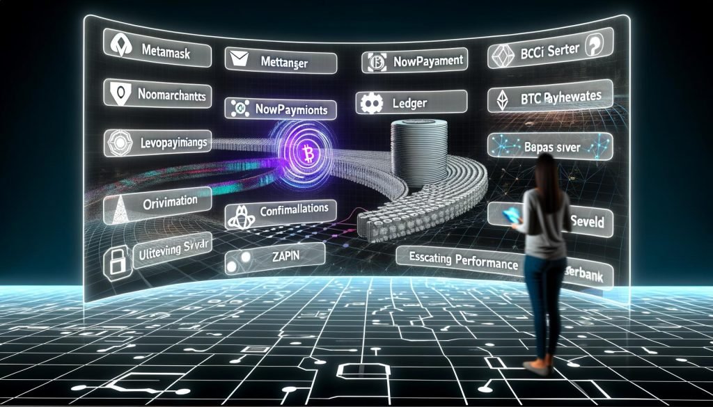 Solopreneur baut an einem futuristischen Krypto-Zahlungstrichter auf einem großen, gebogenen Bildschirm mit Wallet- und Payment-Integrationen vor transparenter Blockchain- und Leistungsdiagramm-Kulisse.