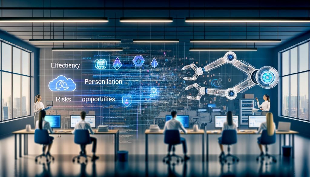 Szenenbild eines modernen Büros mit Menschen an Laptops, auf deren Bildschirmen KI-Diagramme und Code sichtbar sind, während ein riesiger transparenter Roboterarm und digitale Projektionen die digitale Transformation symbolisieren.