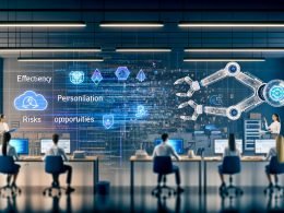 Szenenbild eines modernen Büros mit Menschen an Laptops, auf deren Bildschirmen KI-Diagramme und Code sichtbar sind, während ein riesiger transparenter Roboterarm und digitale Projektionen die digitale Transformation symbolisieren.