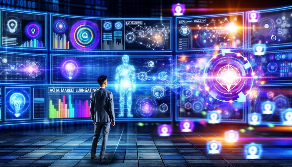 Modernes Digital-Marketing-Kontrollzentrum mit großen Bildschirmen, Marketer vor leuchtendem KI-Netzwerk, Datenvisualisierungen, stilisierten Robotern und digitalen Farben.