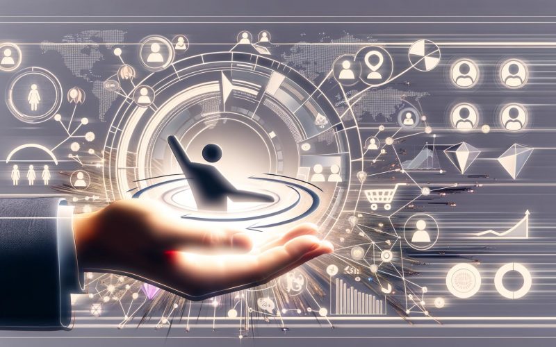 Illustration einer Hand, welche leuchtende Datenpunkte und Diagramme balanciert, umgeben von Icons für Kundenprofile, Einkaufswagen, Datenströme und Wachstumspfeilen, mit einem digitalen Marketing-Dashboard im Hintergrund.