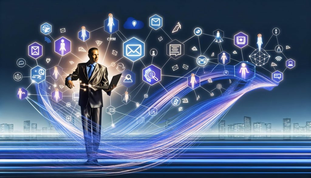 Leuchtende, verzweigte Workflow-Linien verbinden Icons wie E-Mail, CRM, Slack und Google Sheets unter der Regie eines entschlossenen Marketing-Architekten; im Hintergrund kämpfen Menschen mit veralteten Prozessen, futuristisches Magazin-Layout.