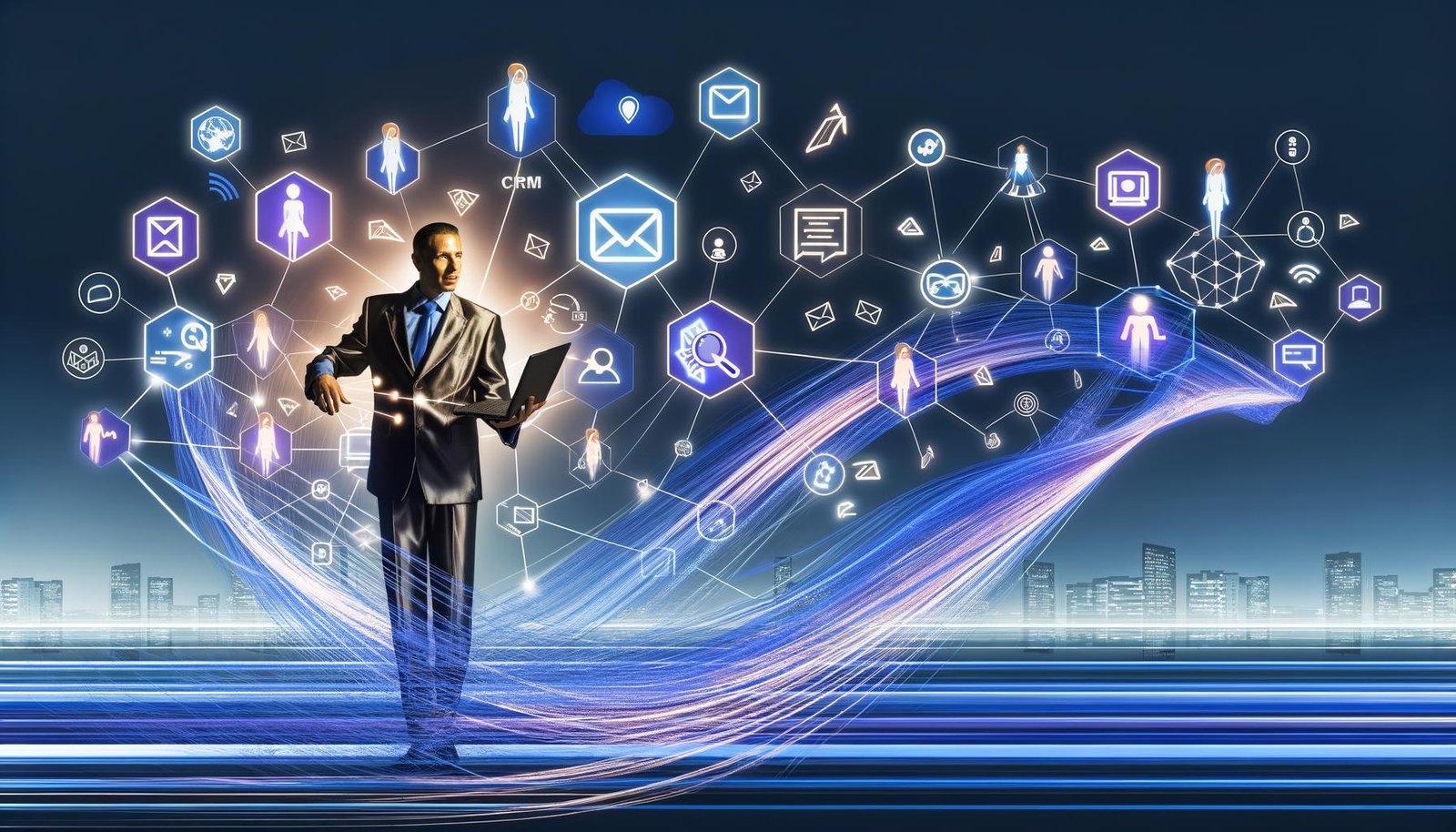 Leuchtende, verzweigte Workflow-Linien verbinden Icons wie E-Mail, CRM, Slack und Google Sheets unter der Regie eines entschlossenen Marketing-Architekten; im Hintergrund kämpfen Menschen mit veralteten Prozessen, futuristisches Magazin-Layout.