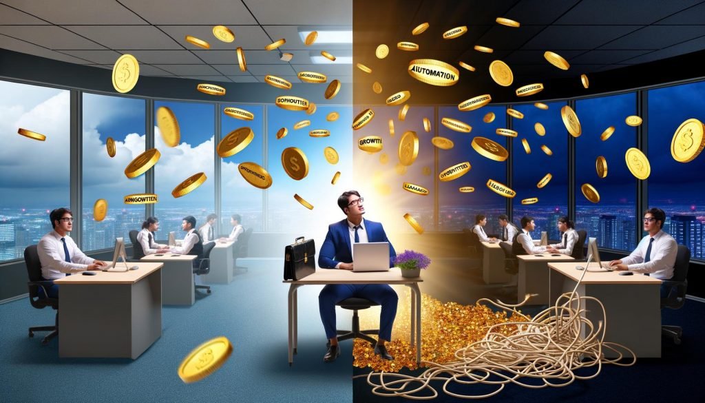 Surreale Büroszene mit Person am Schreibtisch, schwebenden Marketing-Begriffen wie Automatisierung, Wachstum und Leads, goldenen Münzen auf einer Seite, Wirrwarr aus Kabeln und Fehlerpopups auf der anderen Seite.