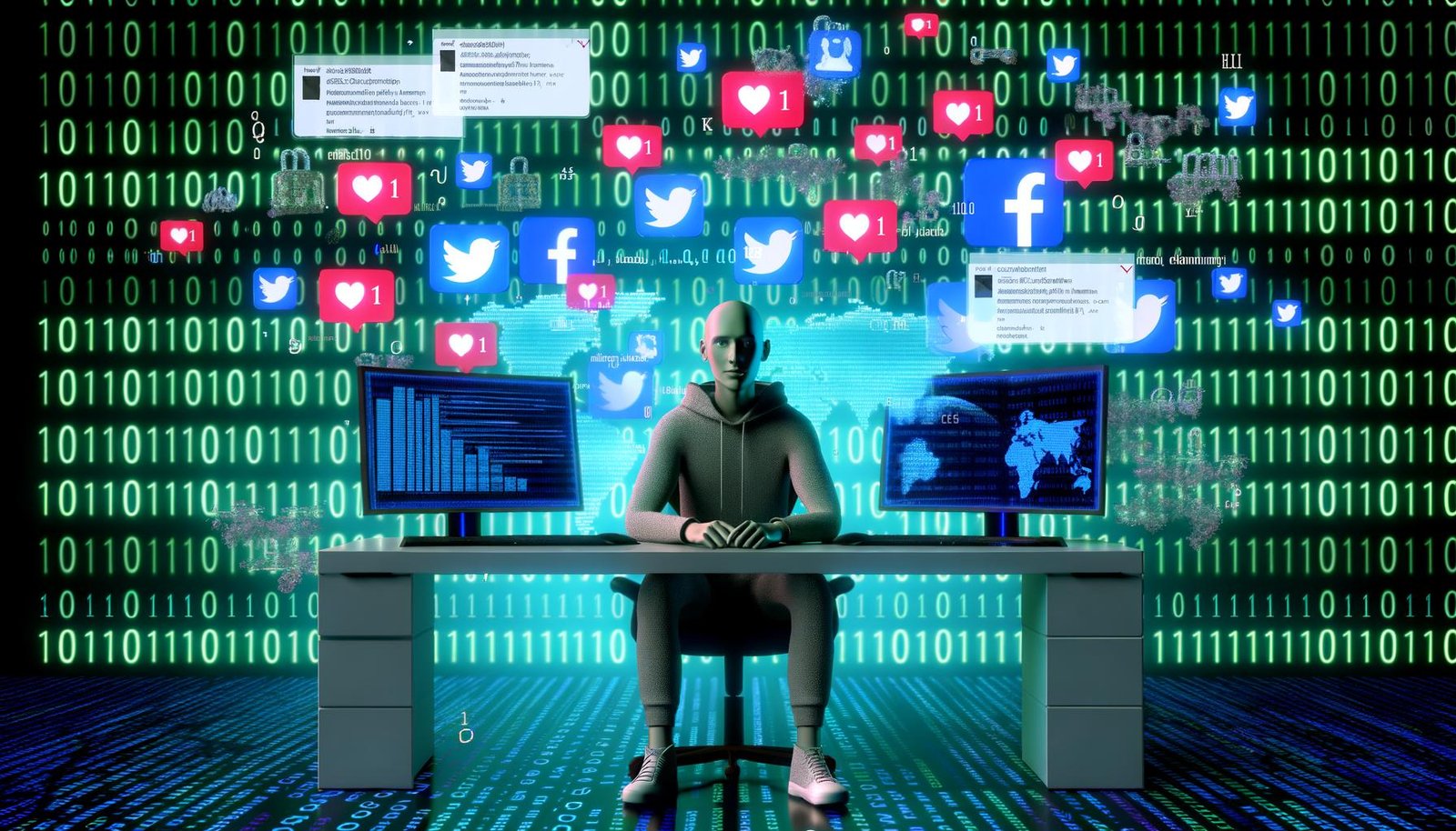 Hacker-inspirierte Person mit mehreren Monitoren voll sozialer Medien, umgeben von Daten-Icons und HTML-Code, auf futuristischem Hintergrund mit Datenströmen