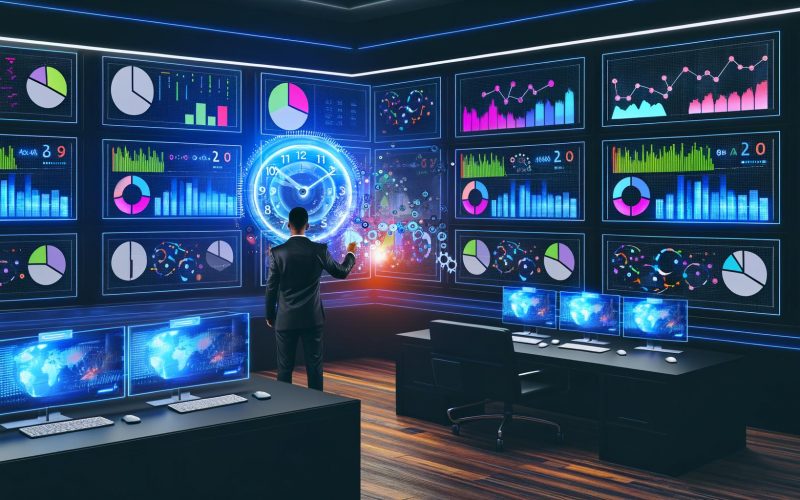 Marketer analysiert in einem High-Tech-Kontrollzentrum farbige Diagramme und Zeitpläne für automatische Werbekampagnen mit KI-Elementen.