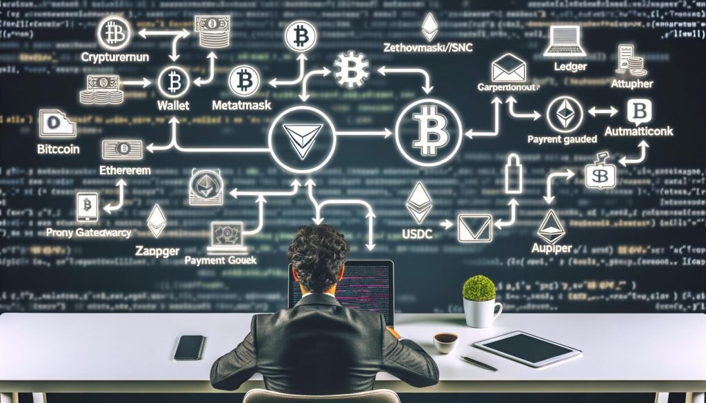 Solopreneur an minimalistischem Schreibtisch mit Laptop, Smartphone und Tablet; auf dem Bildschirm ein Crypto Payment Funnel Stack mit verschiedenen Krypto-Logos, Wallet- und Automatisierungssymbolen, umgeben von Blockchain-Grafiken.