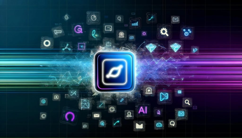 Futuristisches Titelbild mit leuchtendem App-Symbol, holografischen Datenströmen, Marketing-, Analyse- und Automations-Icons sowie schwebenden KI-Begriffen auf dunklem, energiegeladenem Hintergrund.