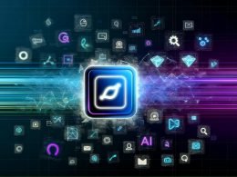 Futuristisches Titelbild mit leuchtendem App-Symbol, holografischen Datenströmen, Marketing-, Analyse- und Automations-Icons sowie schwebenden KI-Begriffen auf dunklem, energiegeladenem Hintergrund.