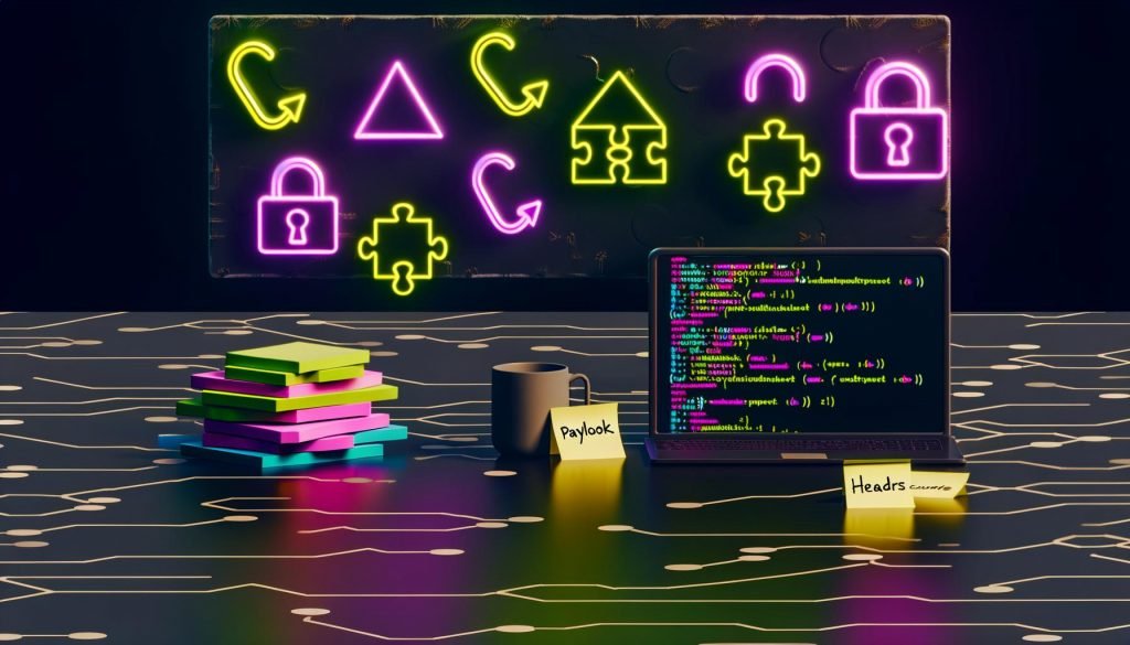 Stylisierte Checkliste und digitales Webhook-Arbeitsumfeld mit leuchtenden Icons, Laptop, JSON-Code mit Fehlern, Statuscodes und Sicherheitsschlössern auf dunkler Oberfläche.