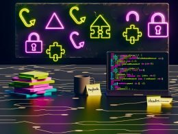 Stylisierte Checkliste und digitales Webhook-Arbeitsumfeld mit leuchtenden Icons, Laptop, JSON-Code mit Fehlern, Statuscodes und Sicherheitsschlössern auf dunkler Oberfläche.