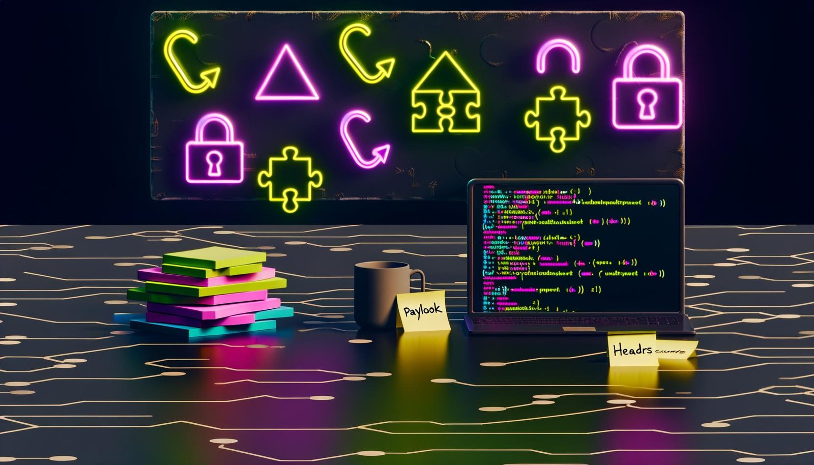 Stylisierte Checkliste und digitales Webhook-Arbeitsumfeld mit leuchtenden Icons, Laptop, JSON-Code mit Fehlern, Statuscodes und Sicherheitsschlössern auf dunkler Oberfläche.
