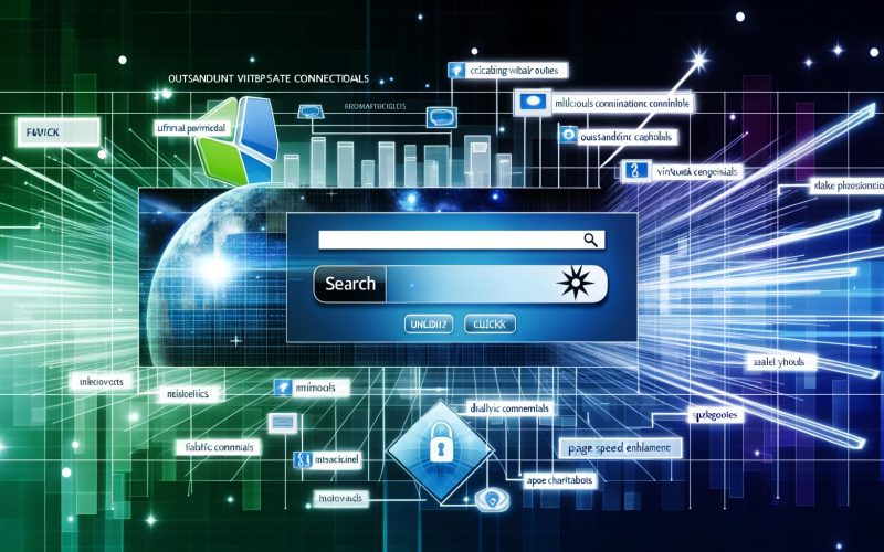 Modernes Web-Dashboard mit prominenter Suchleiste, digitalen Werbeanzeigen und visuellen Akzentuierungen wie Sicherheitssymbolen und Analysegrafiken vor einem leuchtenden, tech-inspirierten Hintergrund.