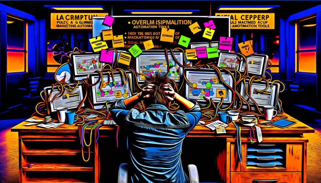 Illustration eines chaotischen Marketing-Arbeitsplatzes mit zahlreichen Bildschirmen, Kabelsalat, Notizen, Diagrammen und frustriertem Marketer inmitten von übersimplifizierenden Tool-Verkäufern.