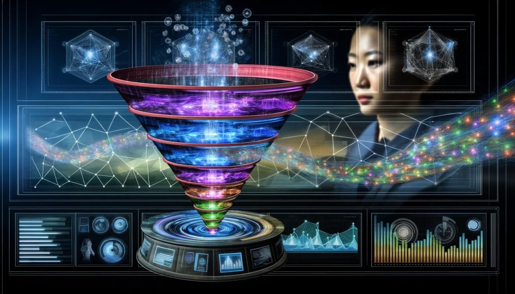 Futuristischer digitaler Sales Funnel mit fließenden Daten, KI-Dashboards und einem Marketer, der Performance-Metriken an einer Steuerzentrale überwacht.