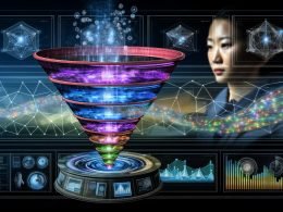 Futuristischer digitaler Sales Funnel mit fließenden Daten, KI-Dashboards und einem Marketer, der Performance-Metriken an einer Steuerzentrale überwacht.