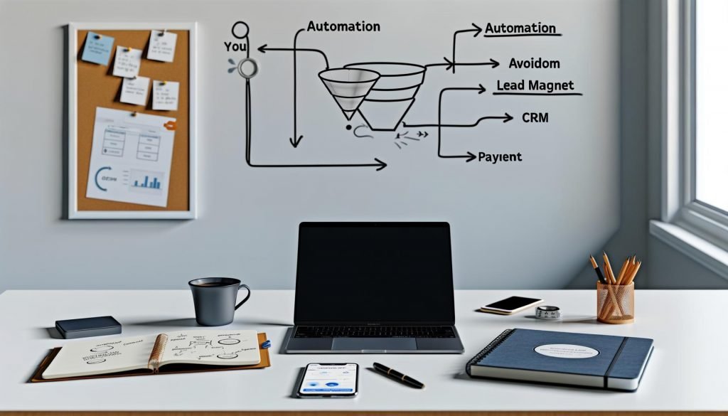 Moderner, minimalistischer Homeoffice-Schreibtisch mit Laptop mit Funnel Blueprint, Notizbuch, Smartphone mit Analytik-Anzeige, Kaffeetasse und Whiteboard mit Marketing-Notizen.