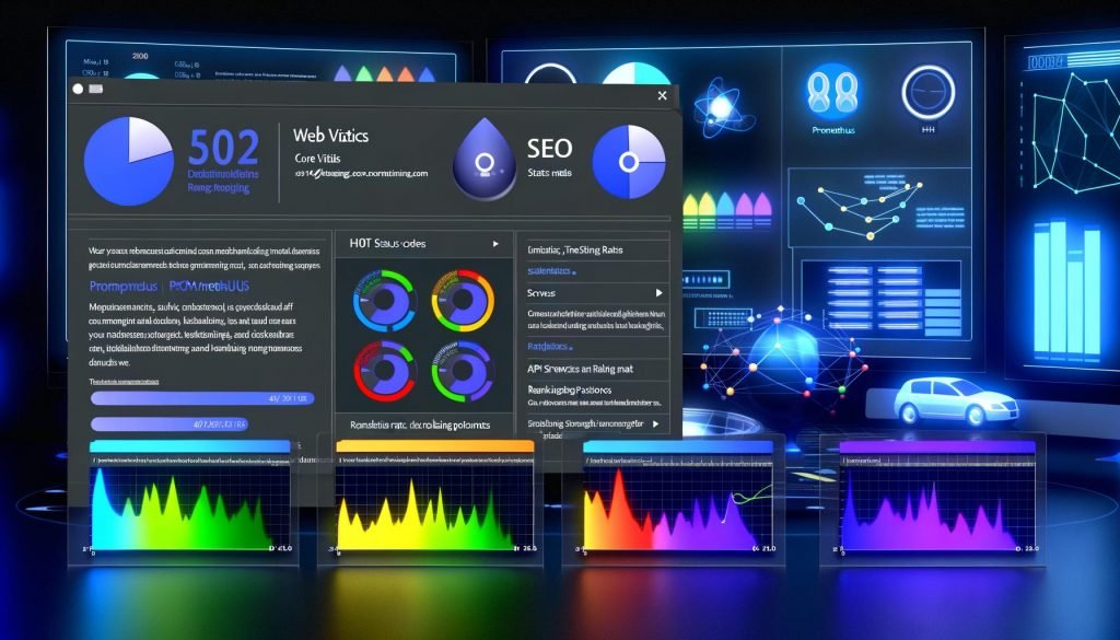 Darkmode SEO-Dashboard mit Live-Metriken, Prometheus- und Grafana-Logos, bunten Zeitreihen-Grafen und technischen Icons im Hintergrund