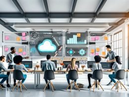 Blick in eine moderne Redaktion mit großem KI-Dashboard, auf dem Teammitglieder an Touchscreens kollaborativ arbeiten.