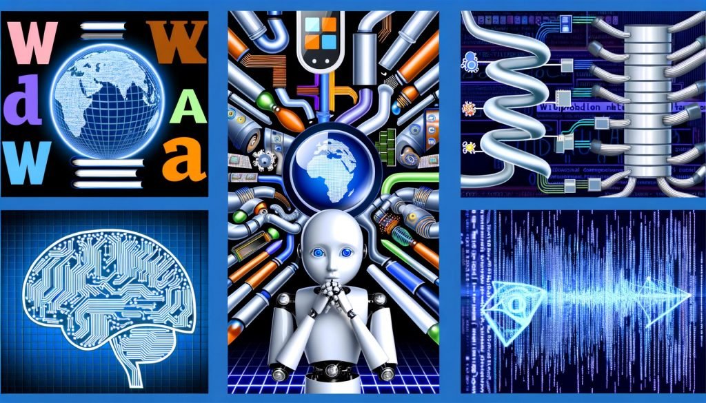 Stilvolle Key Visuals mit Maschinenlabyrinth, Wikipedia-Weltkugel, KI-Architekturen, Marketingkontrollraum mit Datenströmen, Blackbox-Risiko, Infografik zu KI-Technologien und moderner Schreibtisch mit Checkliste und Use Cases.