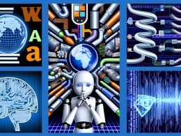 Stilvolle Key Visuals mit Maschinenlabyrinth, Wikipedia-Weltkugel, KI-Architekturen, Marketingkontrollraum mit Datenströmen, Blackbox-Risiko, Infografik zu KI-Technologien und moderner Schreibtisch mit Checkliste und Use Cases.