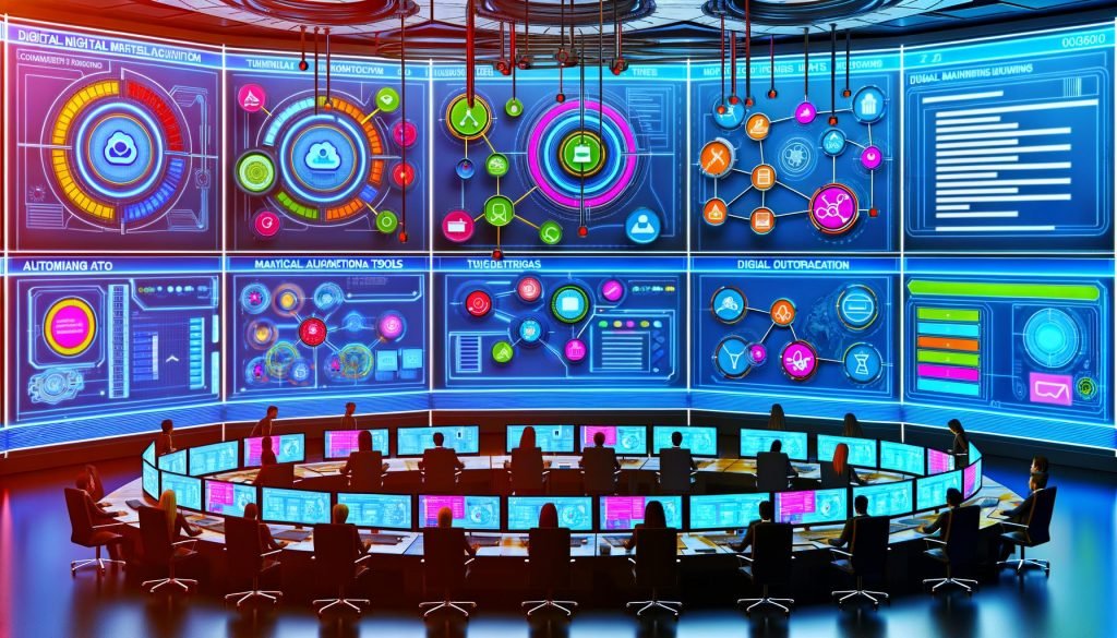 Futuristischer High-Tech-Marketing-Kontrollraum mit holografischen Dashboards, Teamarbeit an digitalen Whiteboards und Schnittstellen von Integrately, Zapier und Make