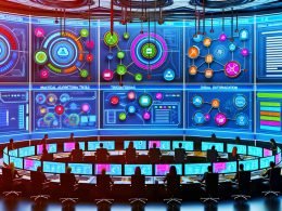 Futuristischer High-Tech-Marketing-Kontrollraum mit holografischen Dashboards, Teamarbeit an digitalen Whiteboards und Schnittstellen von Integrately, Zapier und Make