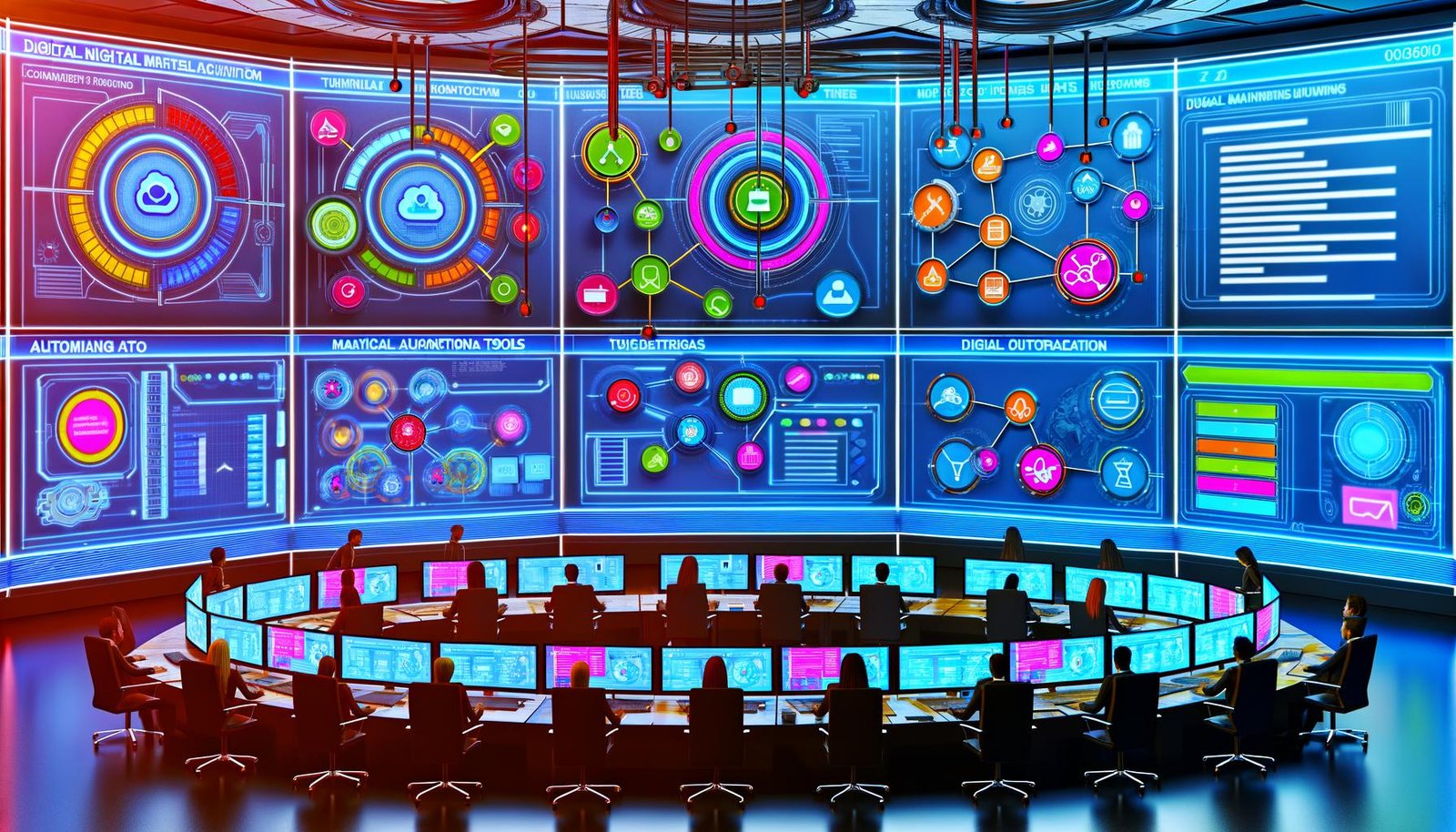 Futuristischer High-Tech-Marketing-Kontrollraum mit holografischen Dashboards, Teamarbeit an digitalen Whiteboards und Schnittstellen von Integrately, Zapier und Make