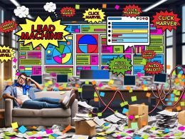 Überladenes Büro mit Papieren, bunten Dashboards, gelangweilter Person auf Couch, Comic-Sprechblasen mit Buzzwords und Fehlermeldungen im Hintergrund.