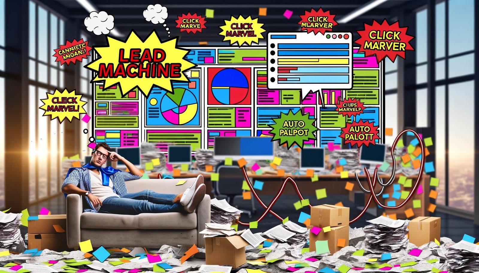 Überladenes Büro mit Papieren, bunten Dashboards, gelangweilter Person auf Couch, Comic-Sprechblasen mit Buzzwords und Fehlermeldungen im Hintergrund.