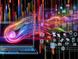 Kraftvolle Komposition aus farbigen Datenströmen, Zahlen, Diagrammen und neuronalen Netzwerk-Mustern über einem stilisierten Laptop mit Marketing-Dashboard, ergänzt durch digitale Marketing-Icons und KI-Ästhetik.