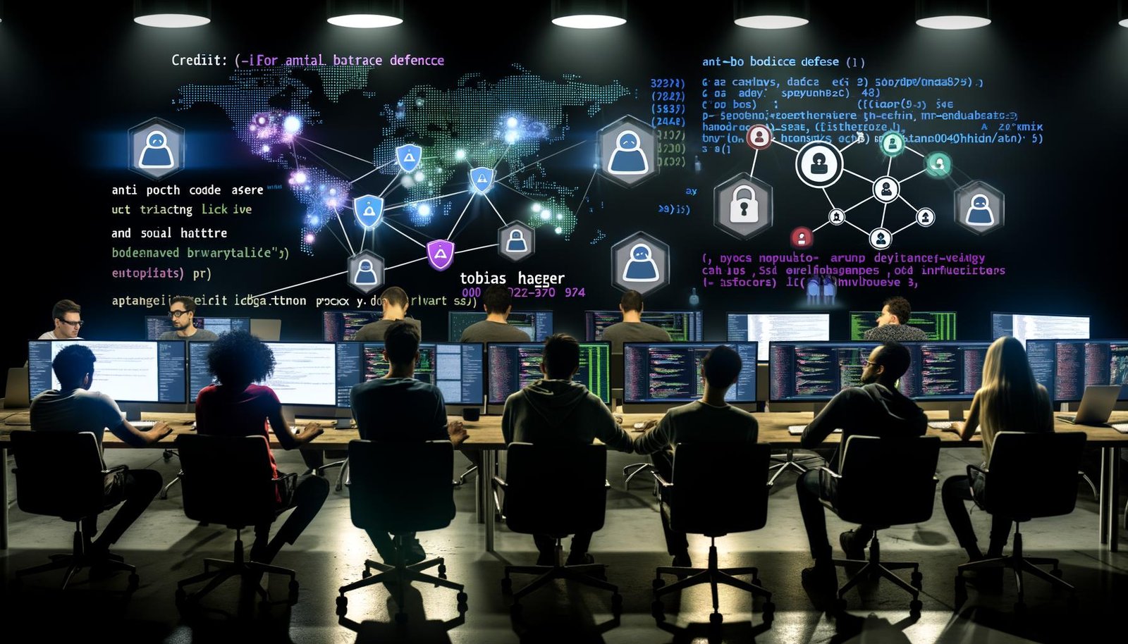 Ein divers besetztes Team von Marketer:innen und Entwicklern arbeitet konzentriert an großen Bildschirmen mit sozialen Netzwerkdaten, Datenvisualisierungen, Python-Code sowie Anti-Bot-Symbolen in einem innovativen, futuristischen Büro.