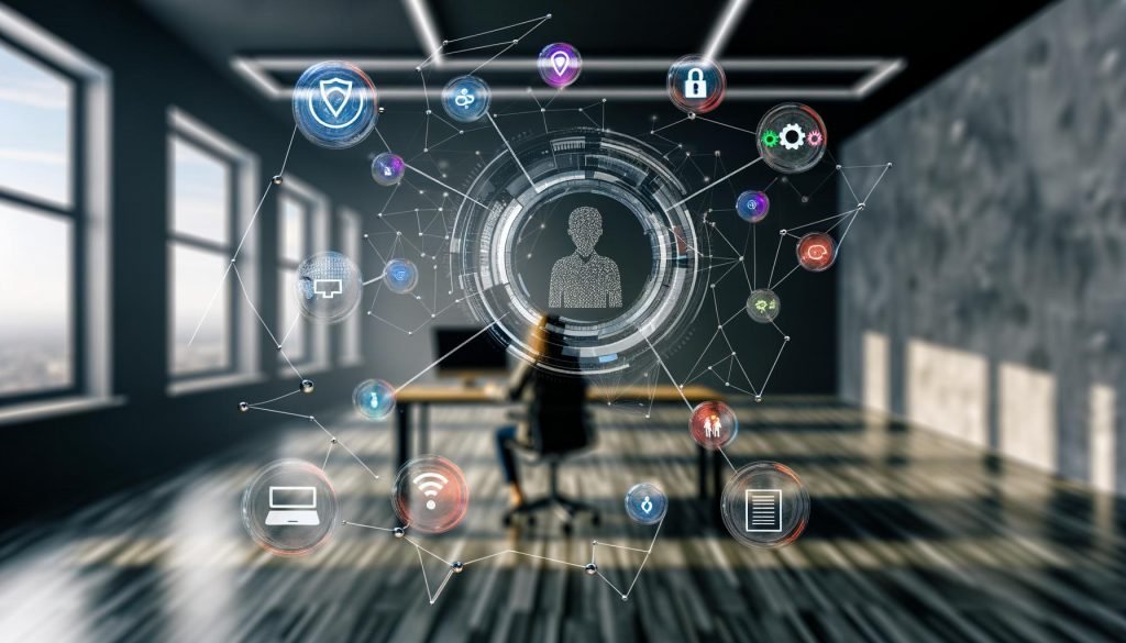 Futuristisches Home Office eines Solo-Entrepreneurs mit schwebender digitaler Oberfläche, die vernetzte Tools, bunte Automatisierungs- und Sicherheits-Symbole sowie effizienten Workflow zeigt.