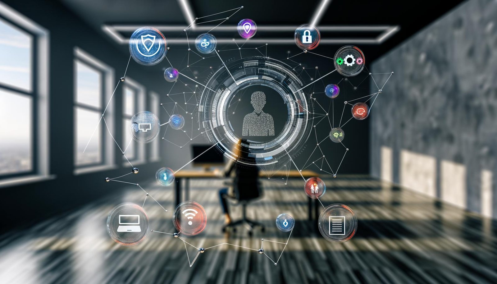 Futuristisches Home Office eines Solo-Entrepreneurs mit schwebender digitaler Oberfläche, die vernetzte Tools, bunte Automatisierungs- und Sicherheits-Symbole sowie effizienten Workflow zeigt.