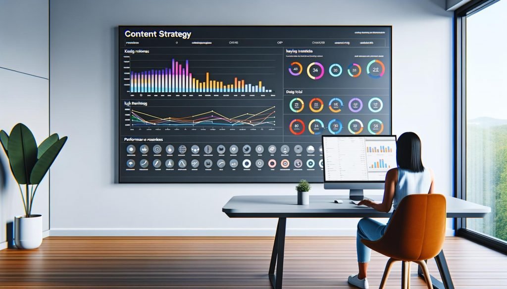 Modernes, aufgeräumtes Büro mit ultrabreitem Monitor. Auf dem Bildschirm ist ein Content Strategie Dashboard mit Diagrammen, Echtzeitdaten und Performance-KPIs zu sehen. Eine Person analysiert konzentriert die Daten.