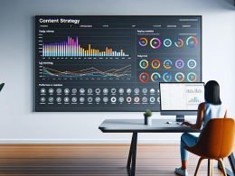 Modernes, aufgeräumtes Büro mit ultrabreitem Monitor. Auf dem Bildschirm ist ein Content Strategie Dashboard mit Diagrammen, Echtzeitdaten und Performance-KPIs zu sehen. Eine Person analysiert konzentriert die Daten.