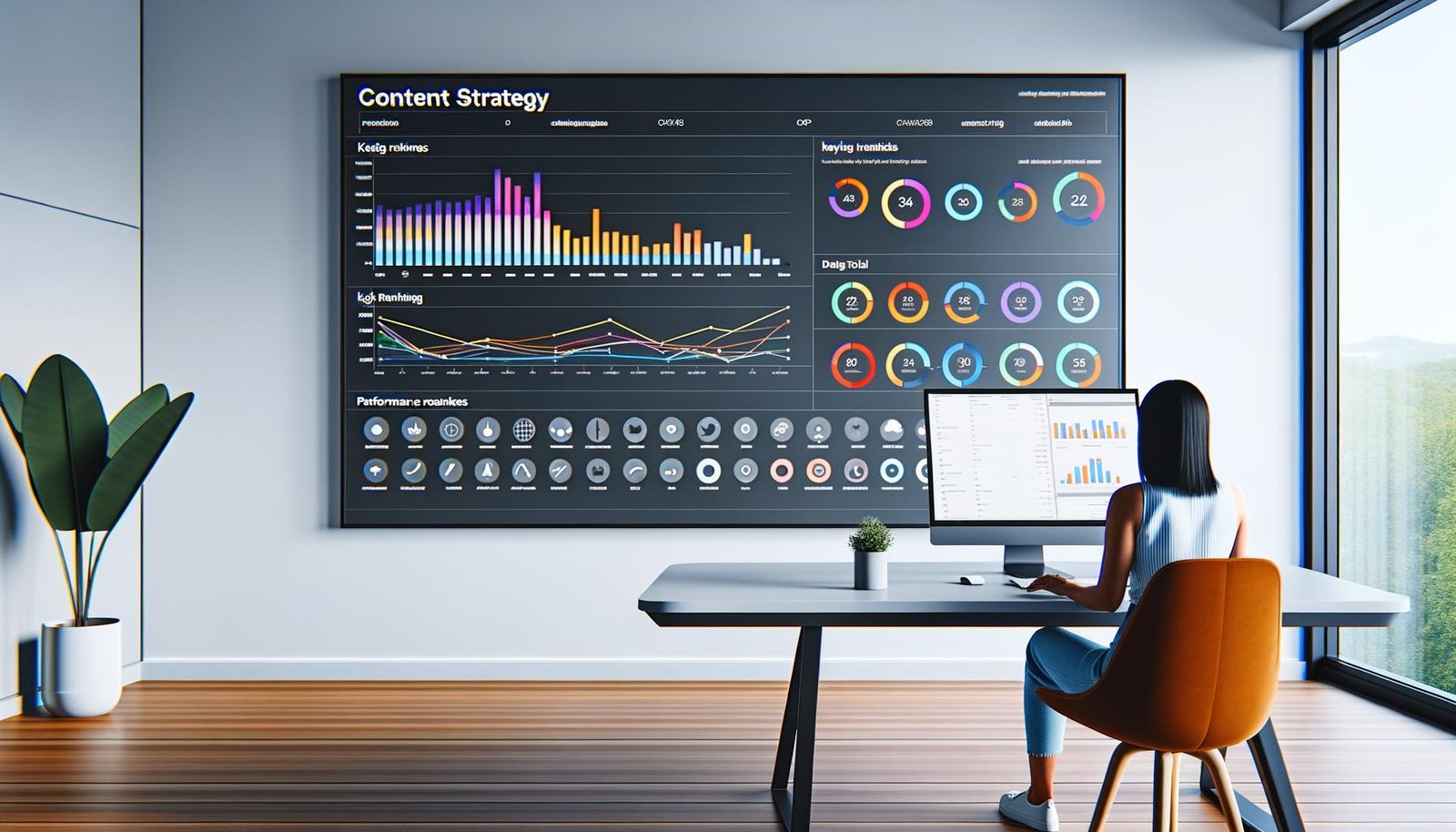 Modernes, aufgeräumtes Büro mit ultrabreitem Monitor. Auf dem Bildschirm ist ein Content Strategie Dashboard mit Diagrammen, Echtzeitdaten und Performance-KPIs zu sehen. Eine Person analysiert konzentriert die Daten.