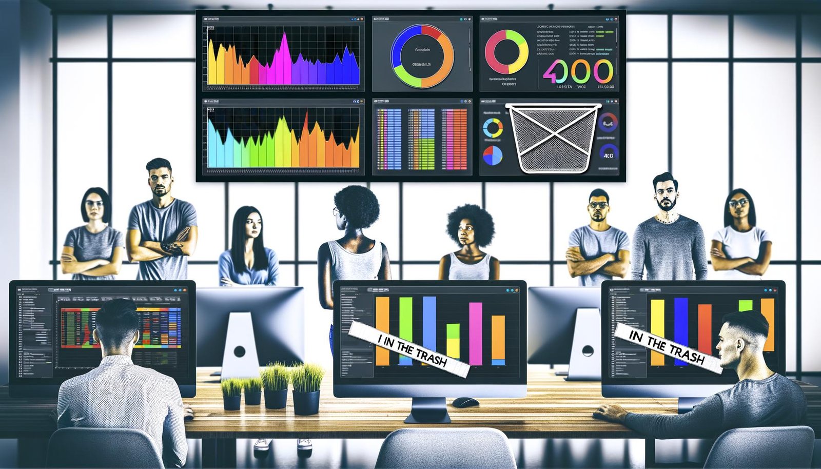 Team von SEO-Experten arbeitet an modernen Monitoren mit Grafana-Dashboards und wirft veraltete Excel-Tabelle weg.