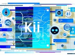 Editorial-Grafik mit den Buzzwords KI und AI, abgehoben durch Farben und Stil, umgeben von digitalen Marketing-Icons und Glitch-Elementen auf weißem Hintergrund.