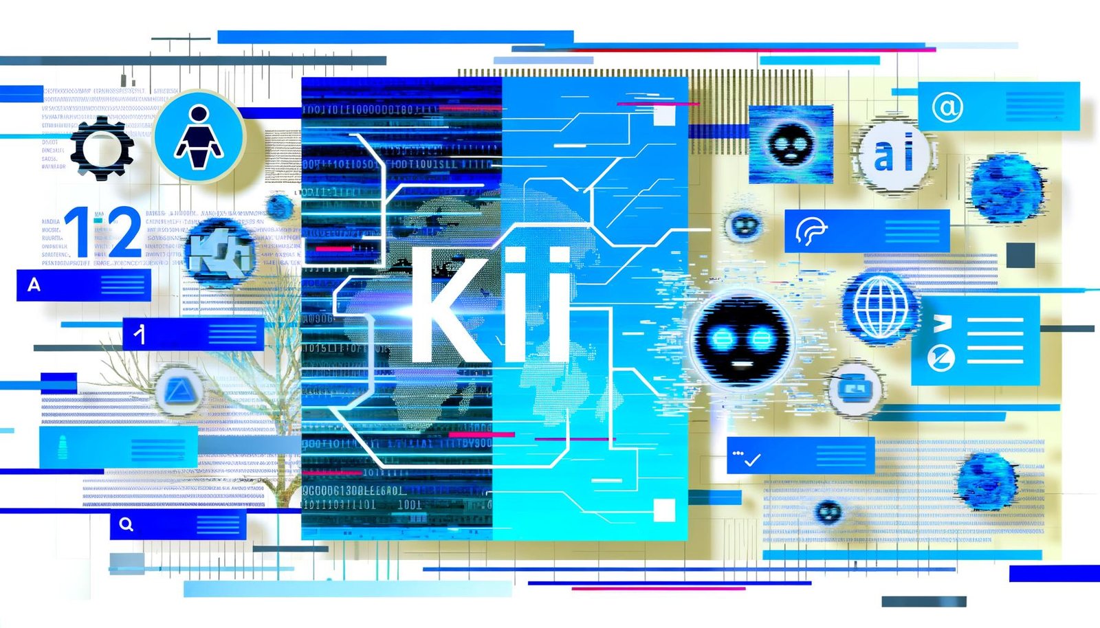 Editorial-Grafik mit den Buzzwords KI und AI, abgehoben durch Farben und Stil, umgeben von digitalen Marketing-Icons und Glitch-Elementen auf weißem Hintergrund.