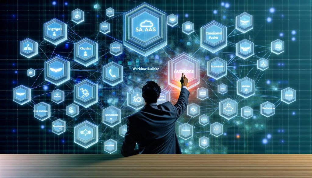 Futuristischer digitaler Arbeitsplatz mit holografischem Dashboard, SaaS-App-Logos wie HubSpot, Workflow-Builder und visuelle Automatisierung zeigt komplexe Unternehmensprozesse.