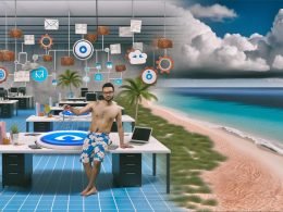 Surreale Szene eines Büros, das in einen Strand übergeht: Person arbeitet entspannt mit Cocktail, klickt auf Automatisierungs-Button, umgeben von Marketing Automation Symbolen und strömenden Daten.