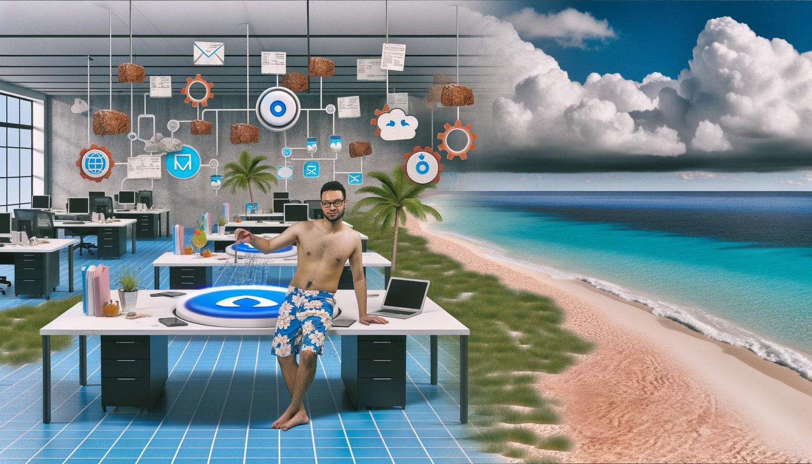 Surreale Szene eines Büros, das in einen Strand übergeht: Person arbeitet entspannt mit Cocktail, klickt auf Automatisierungs-Button, umgeben von Marketing Automation Symbolen und strömenden Daten.
