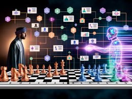 Schachbrett mit menschlichem Schachspieler und leuchtendem KI-Roboter, umrahmt von digitalen Marketing-Symbolen und Datenströmen