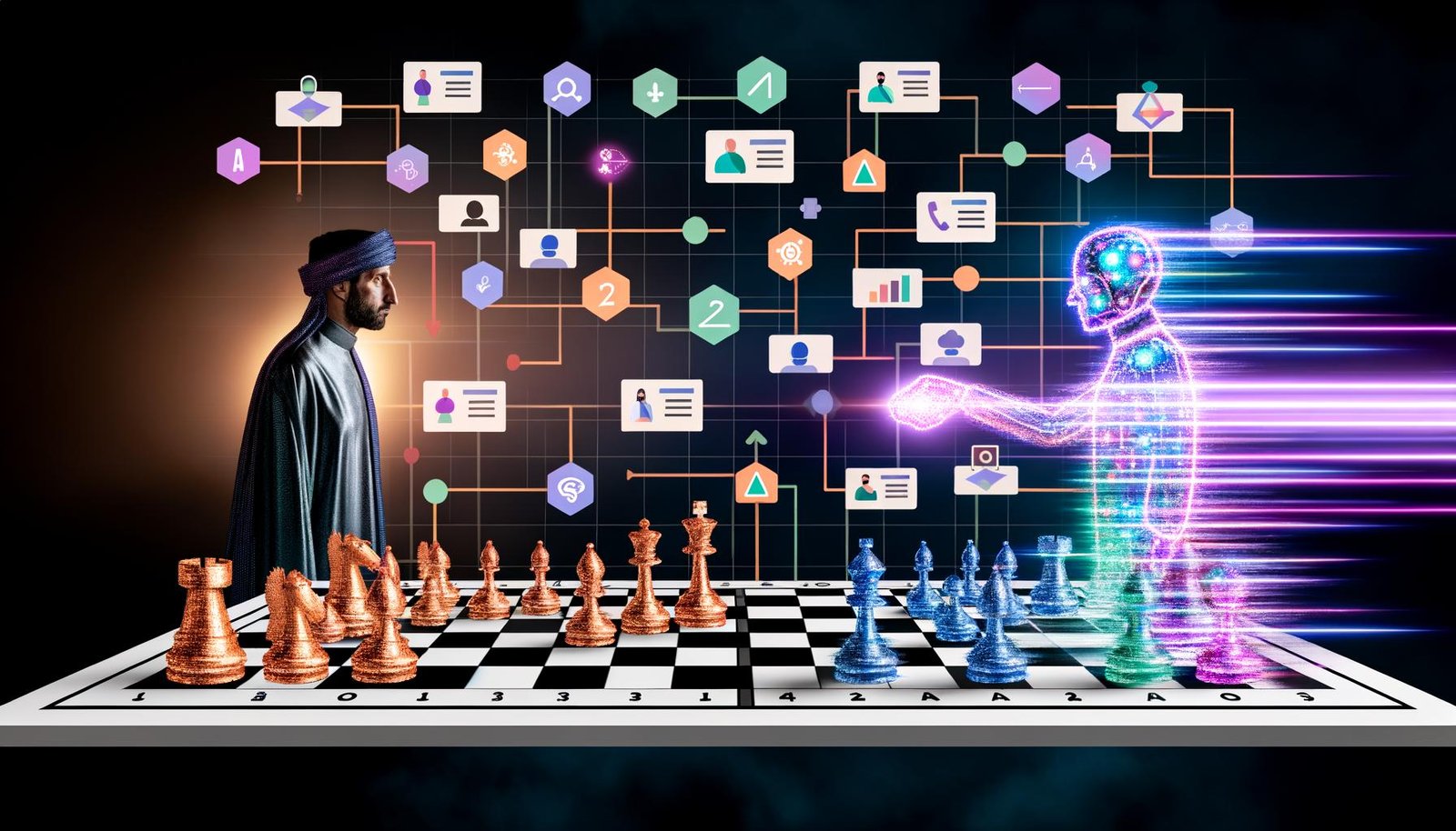 Schachbrett mit menschlichem Schachspieler und leuchtendem KI-Roboter, umrahmt von digitalen Marketing-Symbolen und Datenströmen